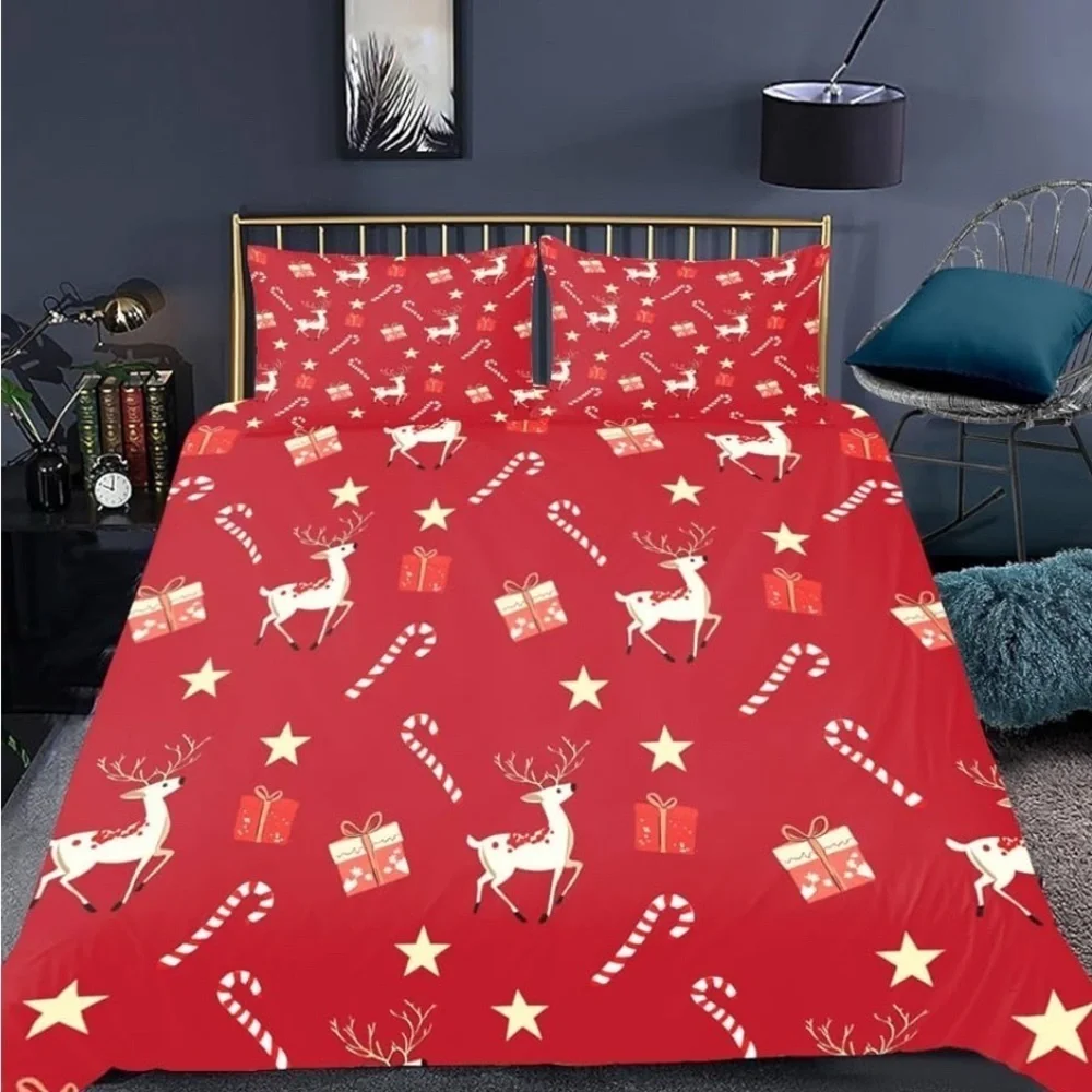 Festive Red Reindeer and Candy Cane Bedding Set (059)